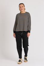 Load image into Gallery viewer, Collar Detailed Long Sleeve Black Tee Beige Stripes
