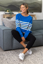 Load image into Gallery viewer, Forever Sweater Cobalt with Pastel stripes
