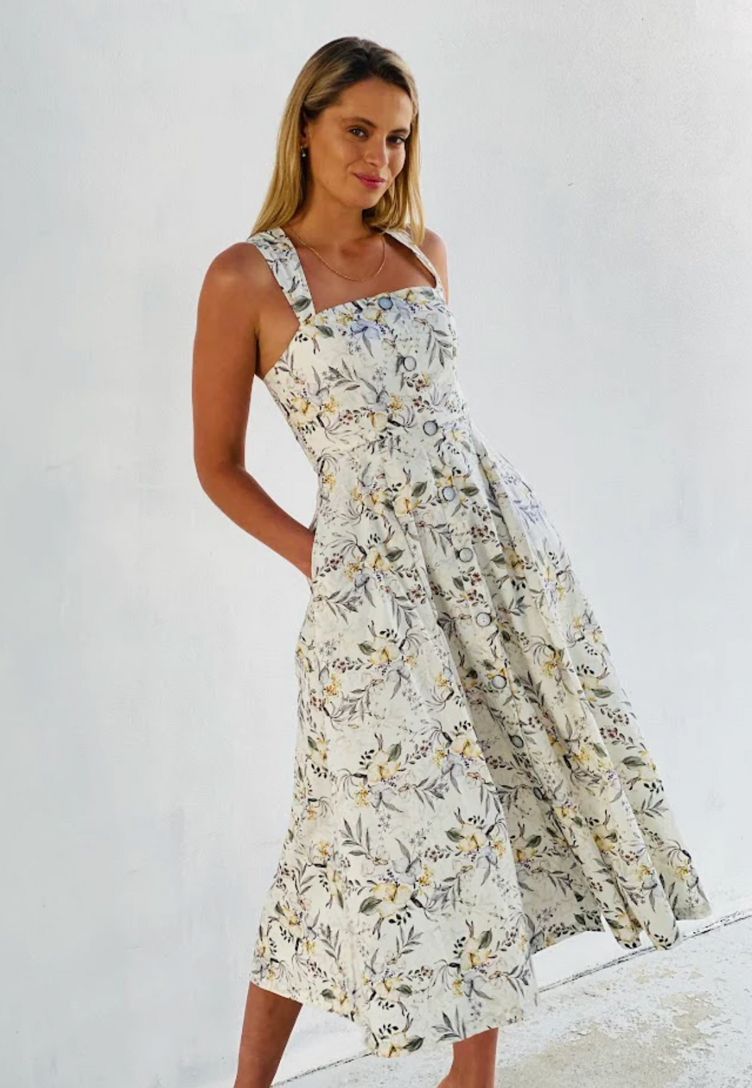 LA1495SS Floral Square Neck Midi Dress