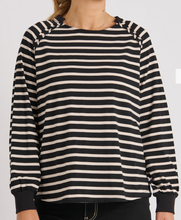 Load image into Gallery viewer, Collar Detailed Long Sleeve Black Tee Beige Stripes
