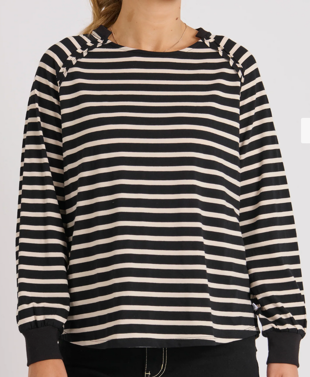 Collar Detailed Long Sleeve Black Tee Beige Stripes