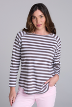 Load image into Gallery viewer, GC Stripe Raglan Tee White Hot Fudge
